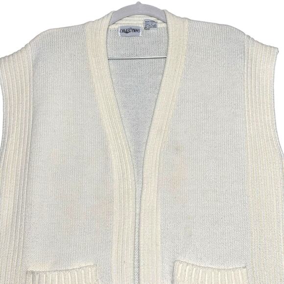 Vintage Cream Sweater Vest Open Front Pockets Knit Cardigan Grandmacore Womens S - Picture 6 of 12